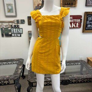 Mustard Yellow Eyelet Ruffle‑Sleeve Mini Dress